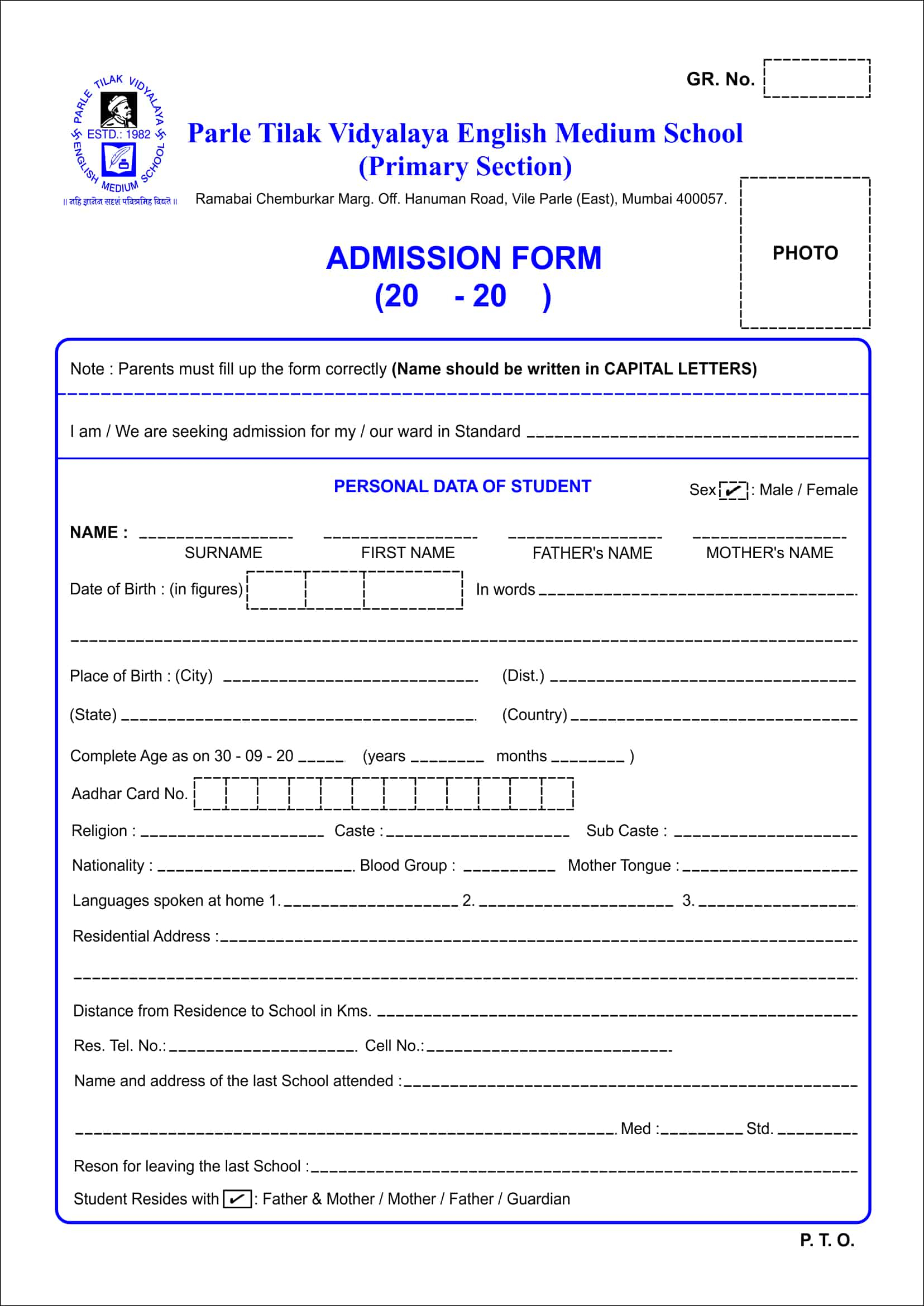 Admission Form PTVEM Secondary School