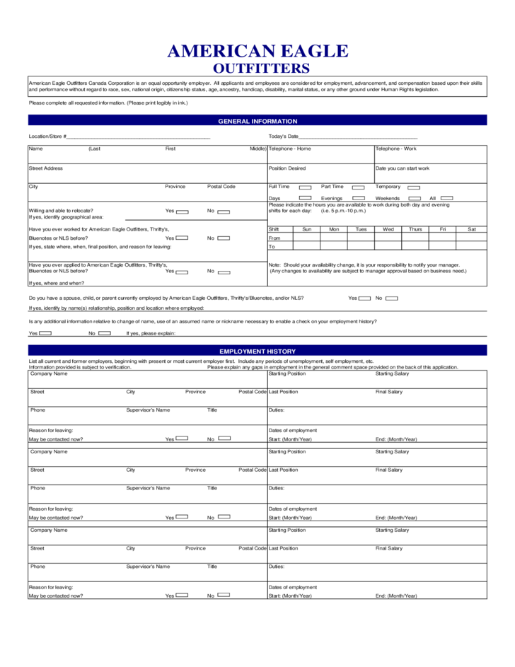 American Eagle Job Application Form Free Download