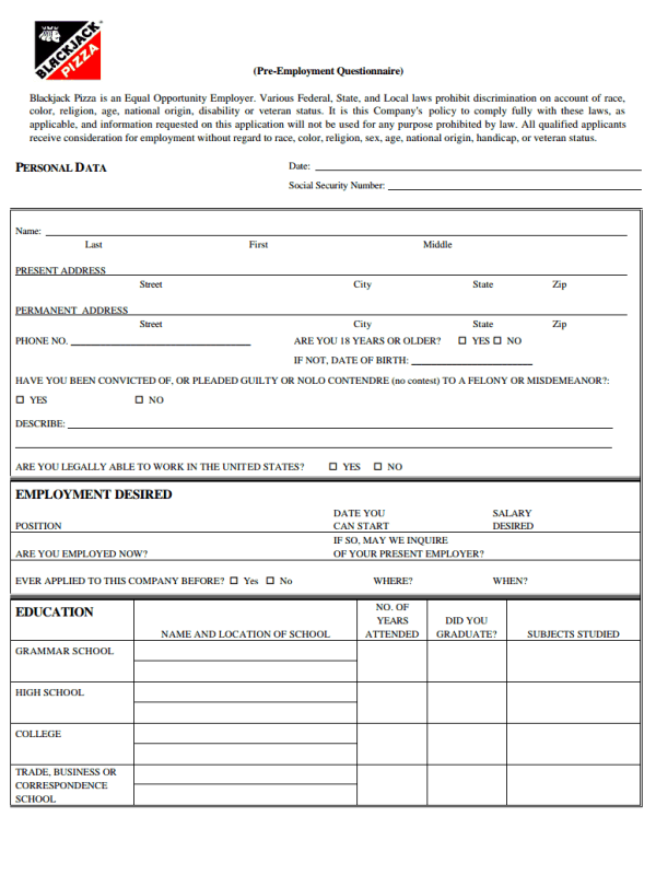 Blackjack Pizza Job Application Form