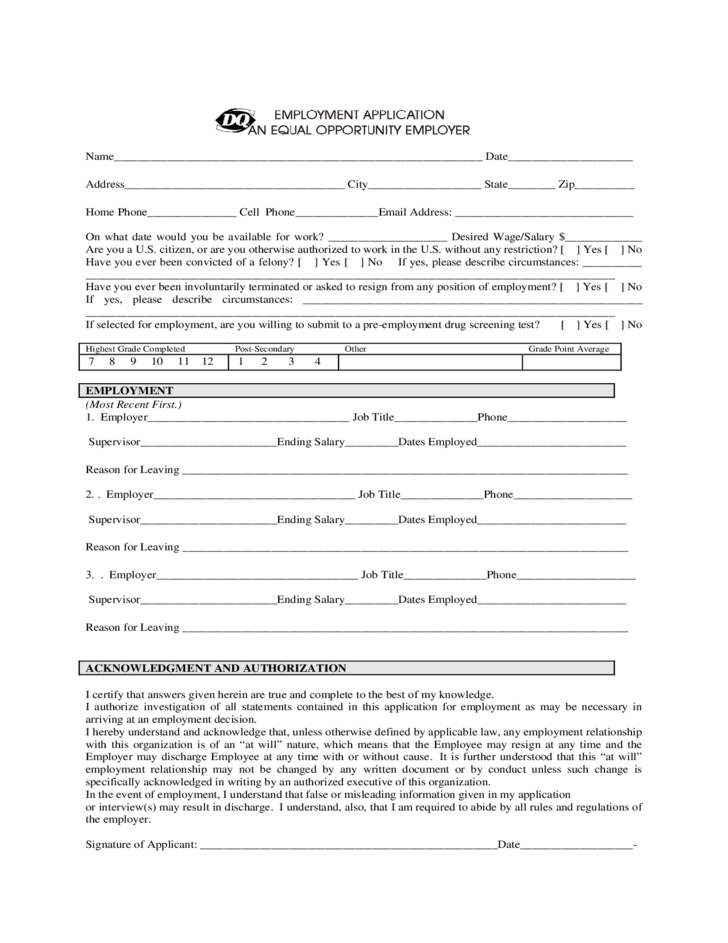 Dairy Queen Employment Application Form Free Download