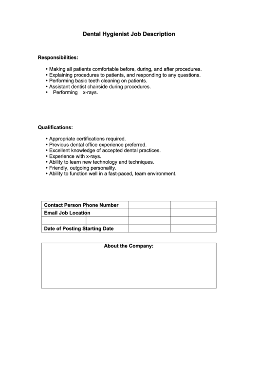 Dental Hygienist Job Description Printable Pdf Download