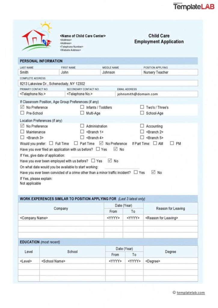 Printable Child Care Job Application Form