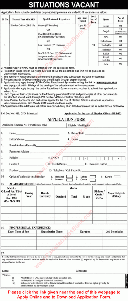 Election Officer Jobs In Election Commission Of Pakistan 2020 April 