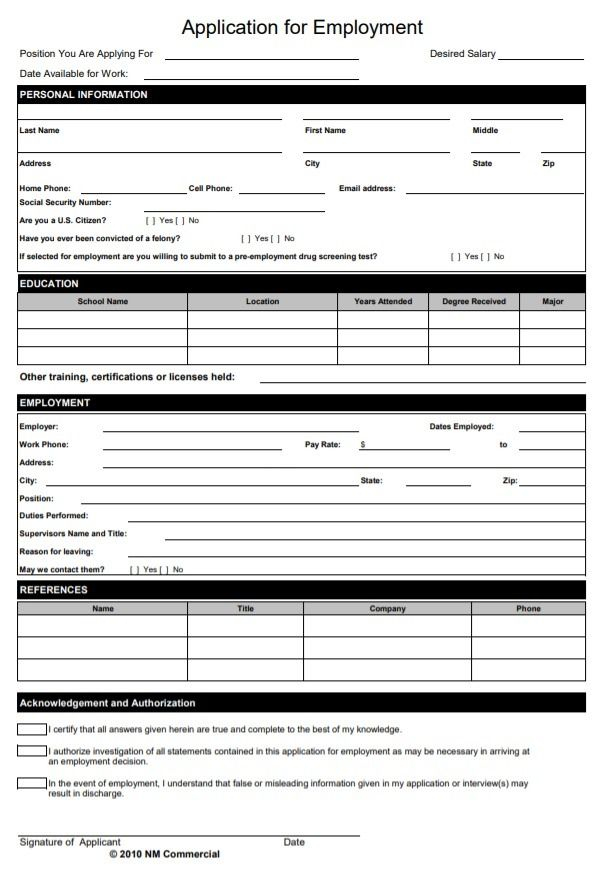 Employment Application Template 11 Free Printable Word Excel PDF