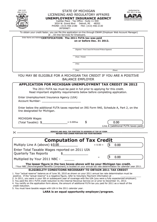 Fillable Form Uia 1110 Application For Michigan Unemployment Tax
