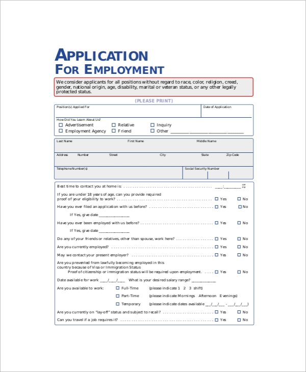 FREE 10 Sample Employment Application Forms In PDF