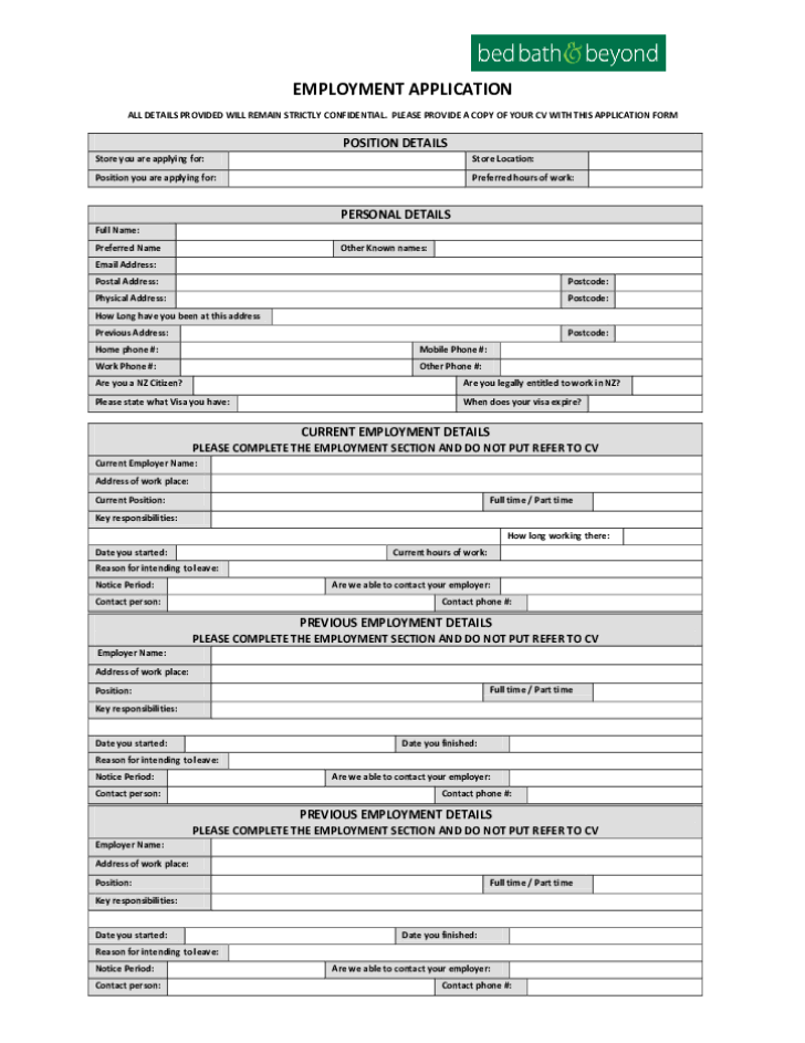 Free Printable Bed Bath And Beyond Job Application Form