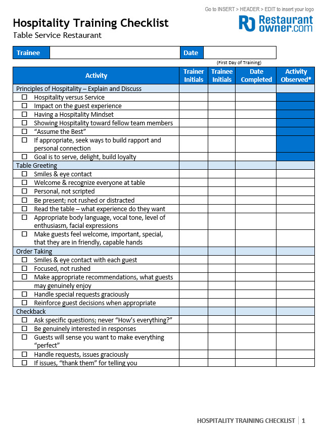 Hospitality Training Checklist