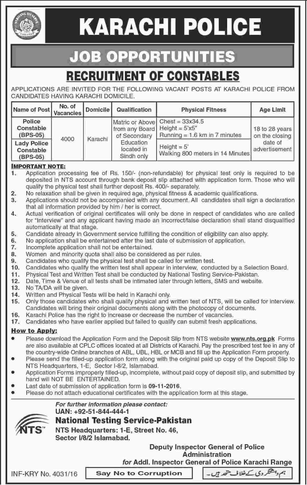 Karachi Police Constable Lady Constable Jobs 2020 NTS Form Download