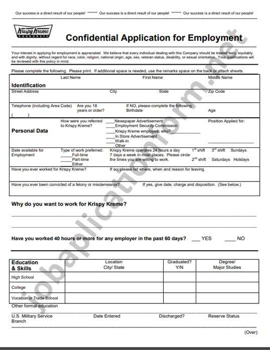 Krispy Kreme Application Form Printable PDF Job Application 