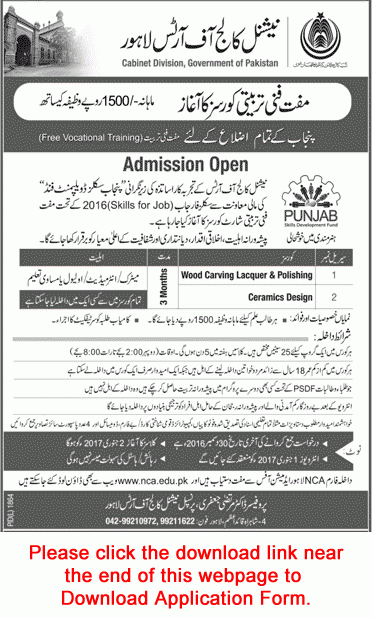 National College Of Arts Lahore Free Courses 2016 December Application