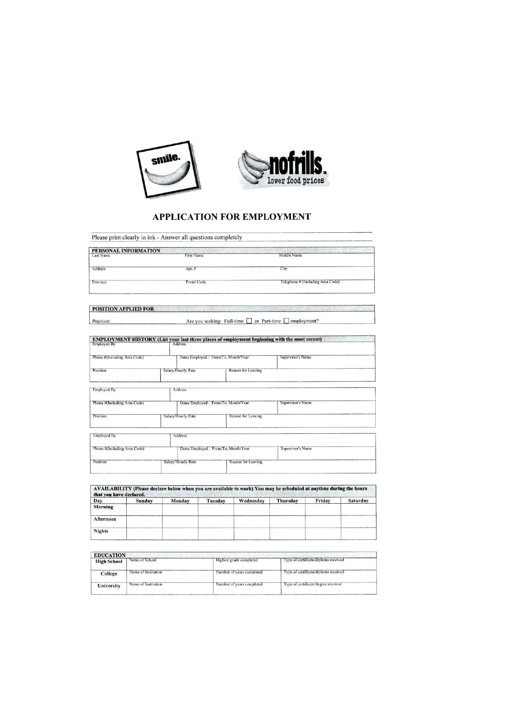 Nofrills Application For Employment Form Free Download