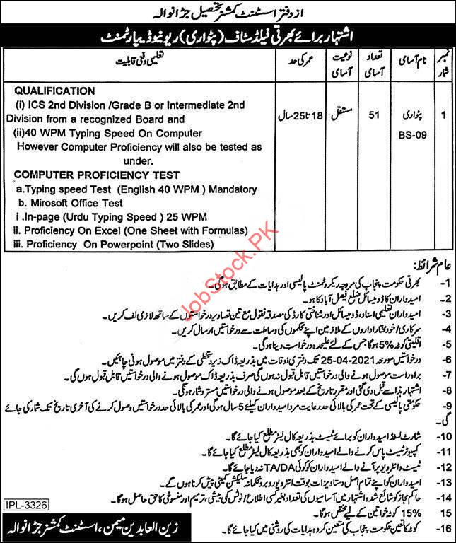 Patwari Jobs In Jaranwala Revenue Department 2021 Application Form Download