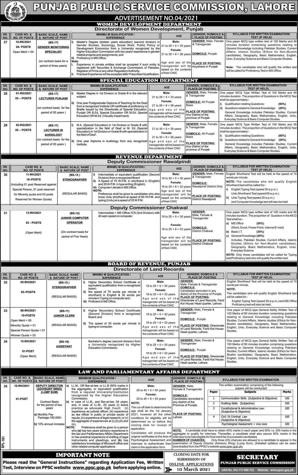 PPSC Jobs Advertisement 04 2021 Punjab Public Service Commission