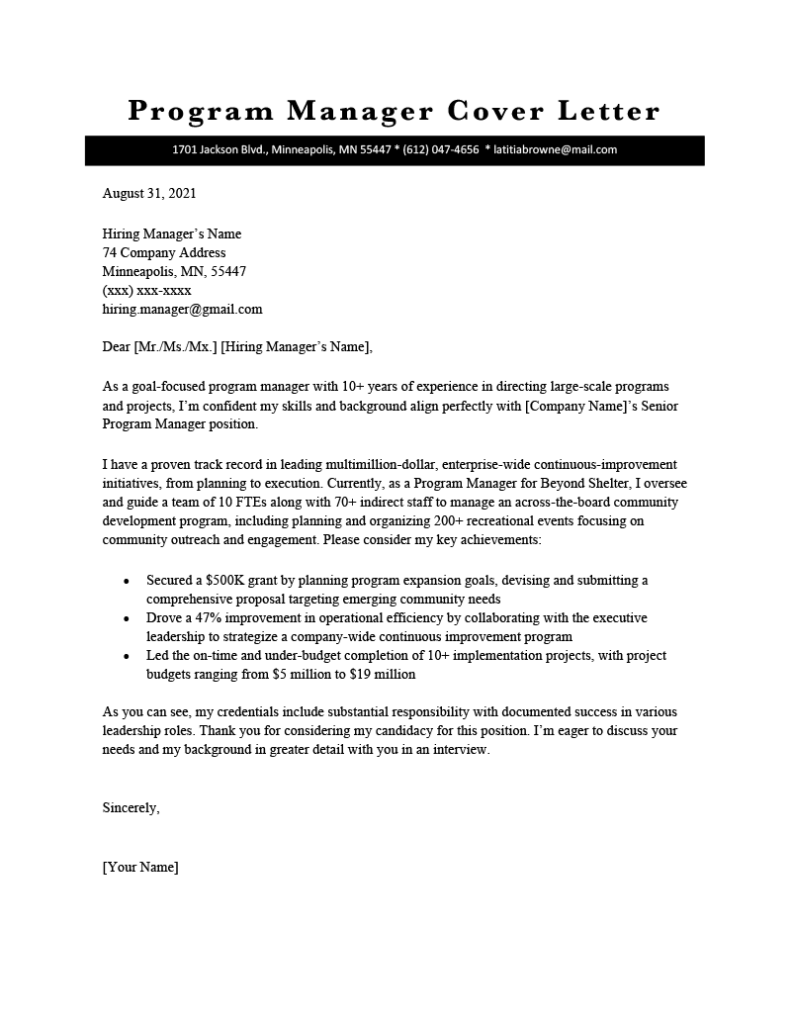 Program Manager Cover Letter Sample By Resume Genius