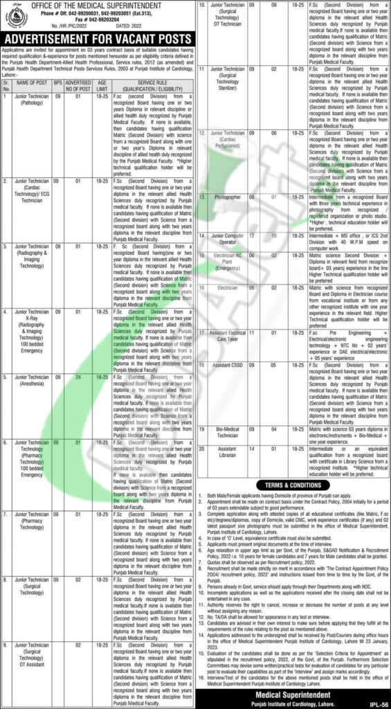 Punjab Institute Of Cardiology Jobs 2023 Application Form