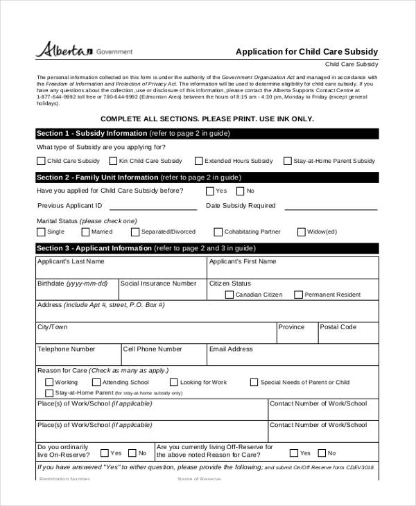 Sample Child Care Application Form 9 Free Documents In Word PDF
