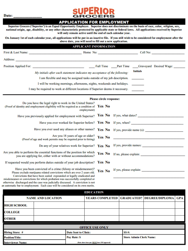 Superior Grocers Job Application Form With Various Types