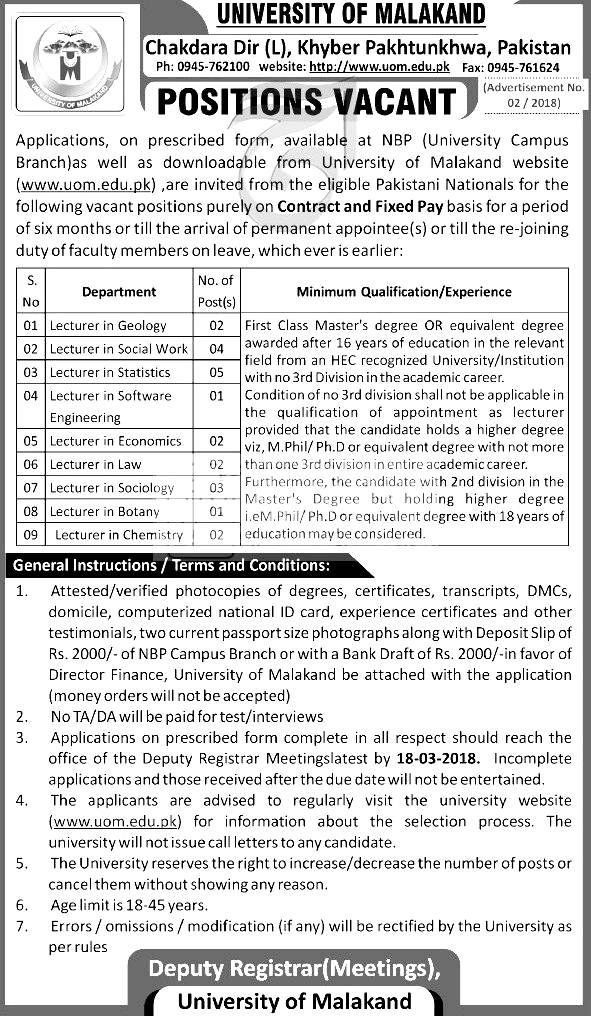 University Of Malakand March Jobs 2021 Online Application Form