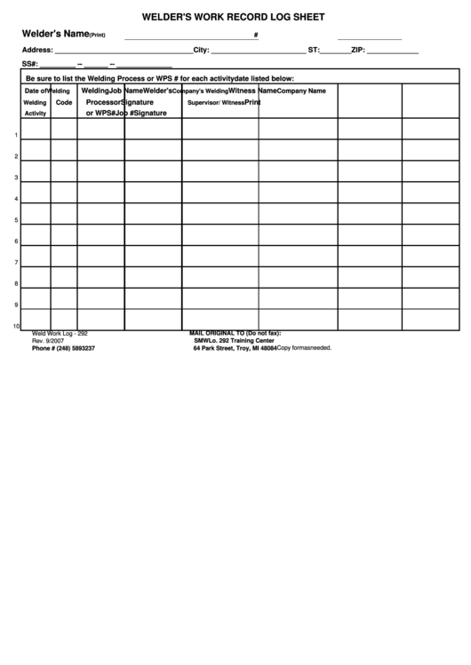 Welder S Work Record Log Sheet Printable Pdf Download