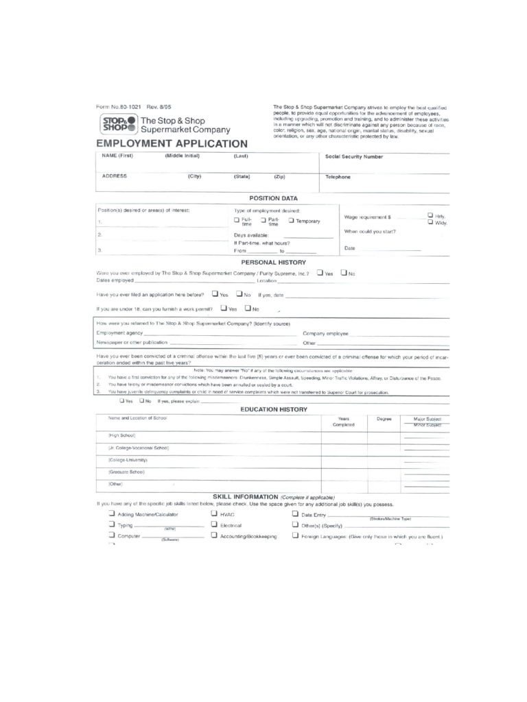 2022 Supermarket And Grocery Job Application Form Fillable Printable