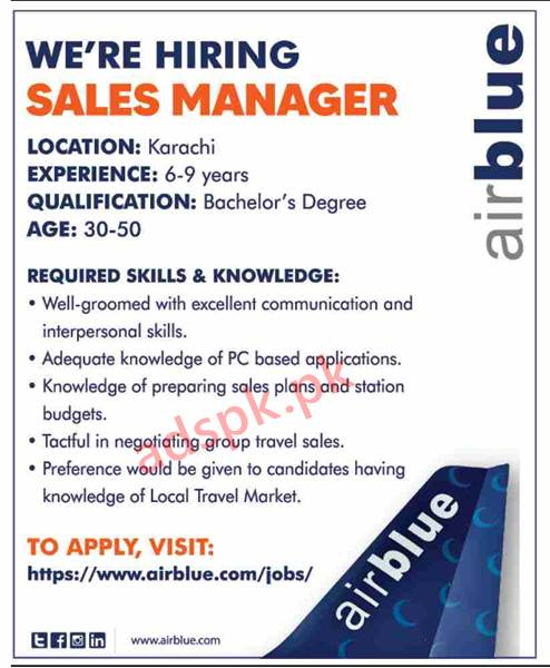 Airblue Karachi Jobs 2021 For Sales Manager Qualification Bachelor