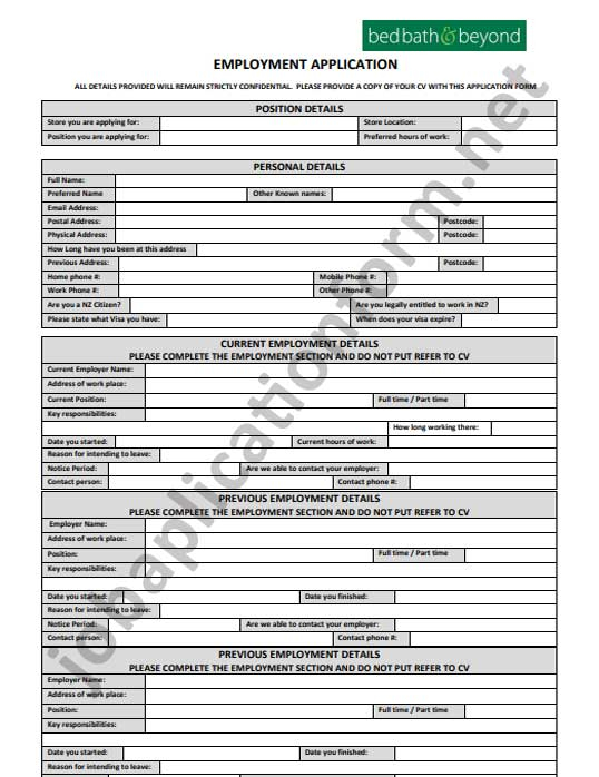 Bed Bath And Beyond Application Form Printable PDF Careers Job