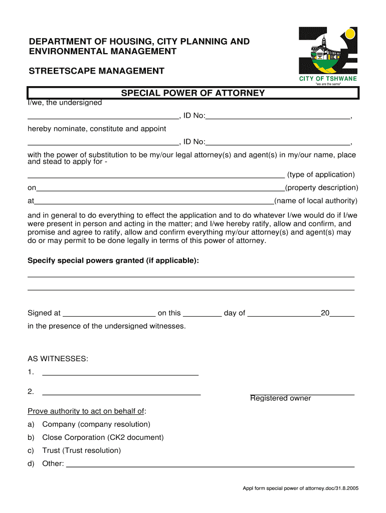 City Of Tshwane Special Power Of Attorney Form Fill Out Sign Online