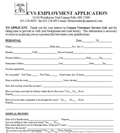 Cvs Pharmacy Job Application Form Pdf Printable Job Applications Job