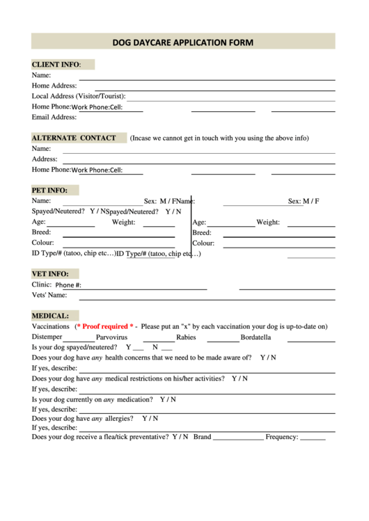 Dog Daycare Application Form Printable Pdf Download