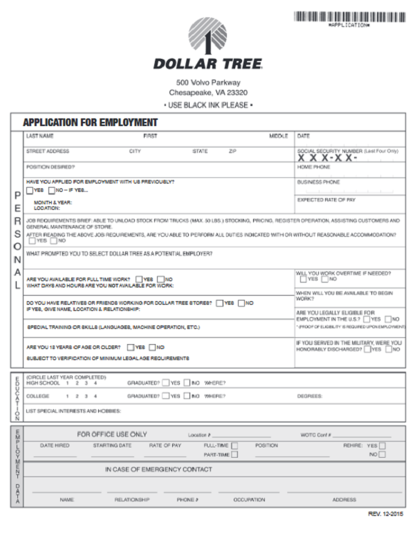 Dollar Tree Job Application Form