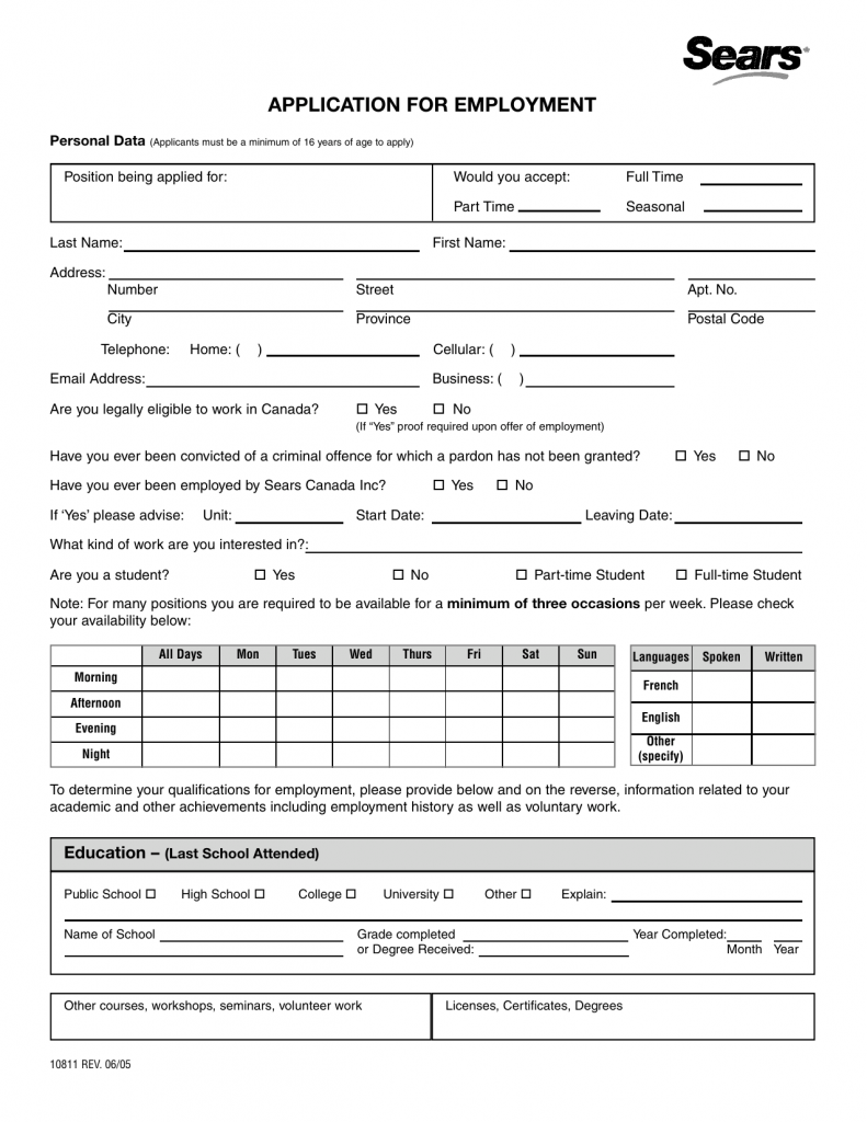 Download Sears Job Application Form Careers PDF FreeDownloads