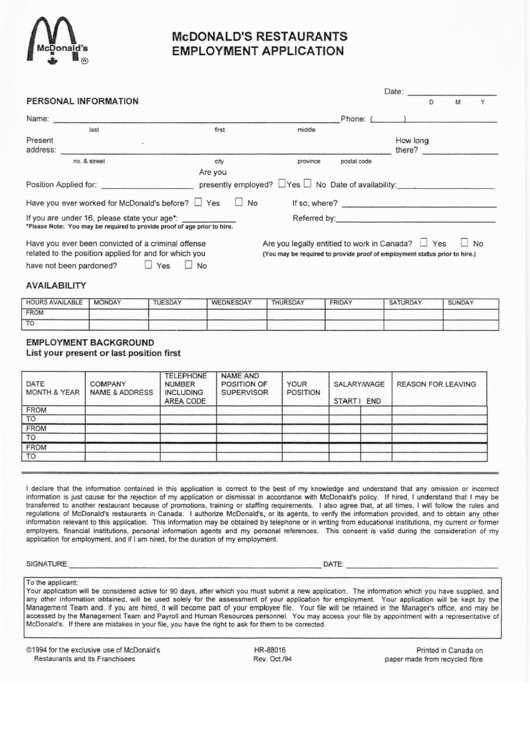 Fillable Mcdonalds Application Form Printable Pdf Download