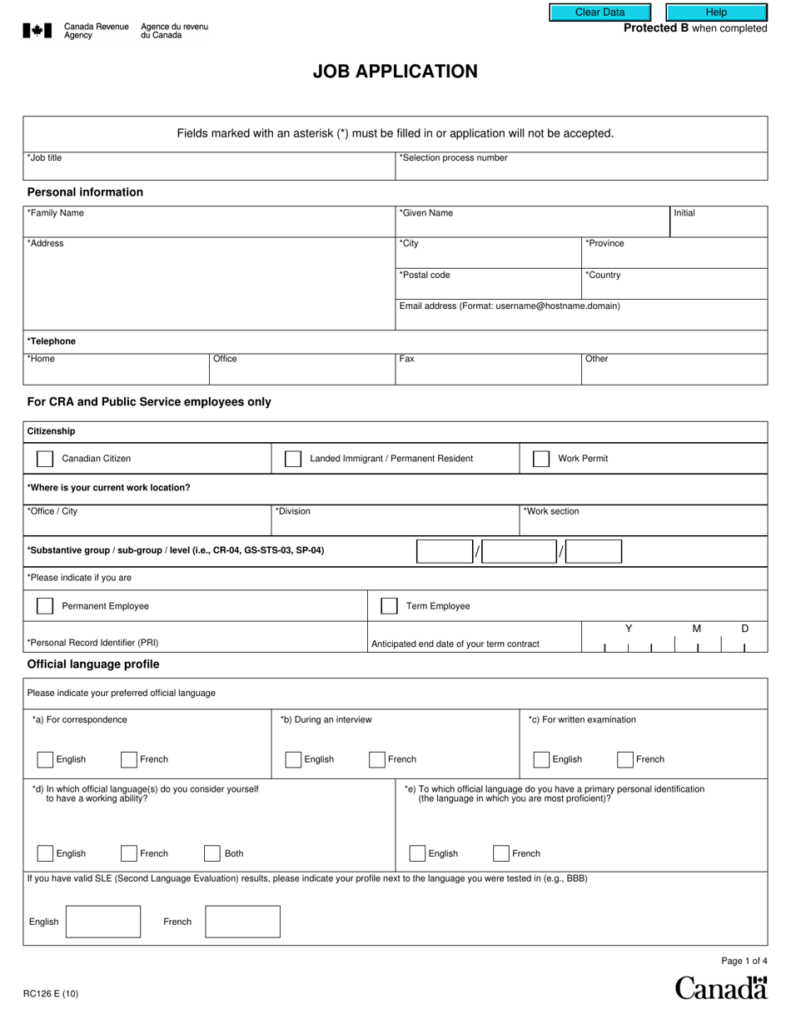 Form RC126 Download Fillable PDF Or Fill Online Job Application Canada 