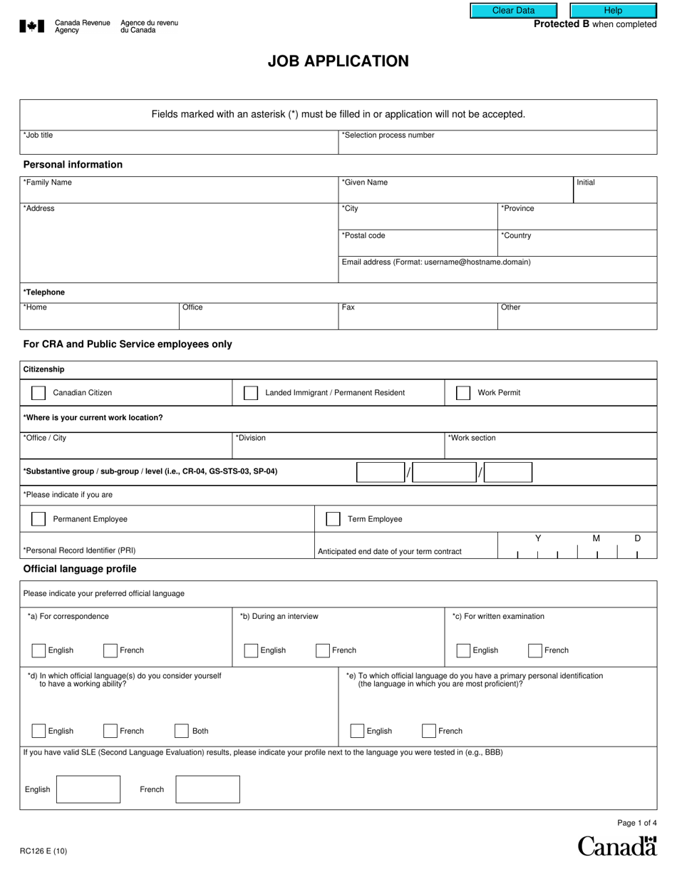 Form RC126 Download Fillable PDF Or Fill Online Job Application Canada