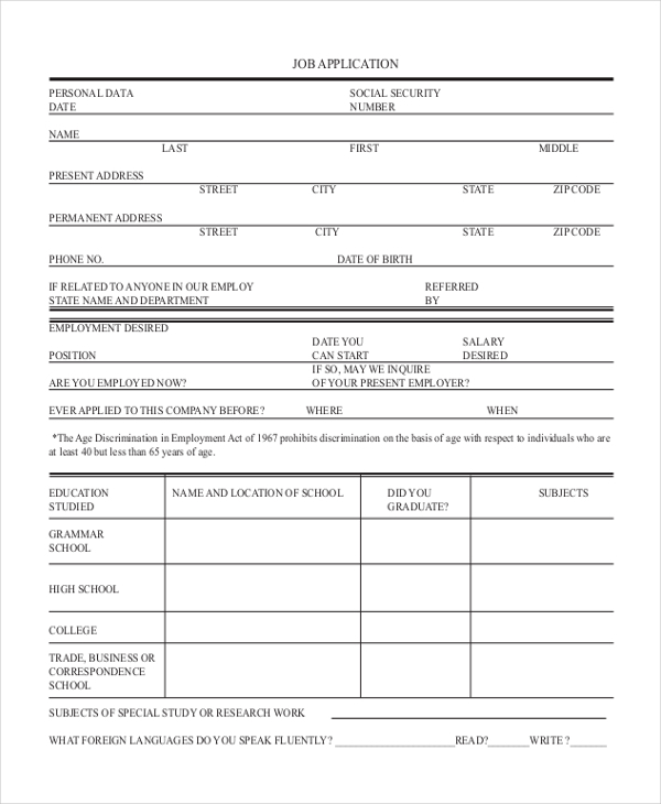 Free 10 Sample Generic Job Application Forms In Pdf Ms Word Excel 5731