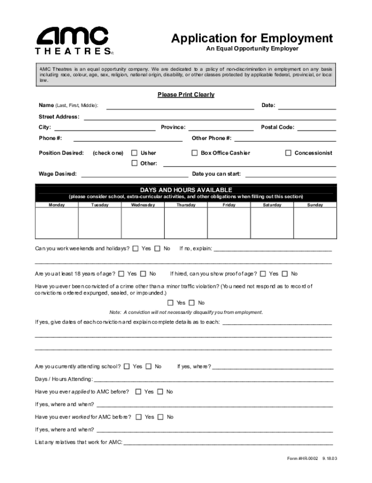 Free Printable AMC Theatres Job Application Form