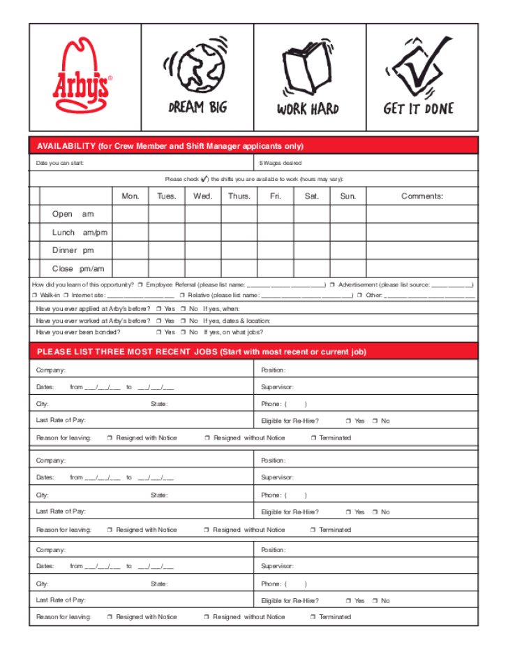 Free Printable Arby s Job Application Form Page 2