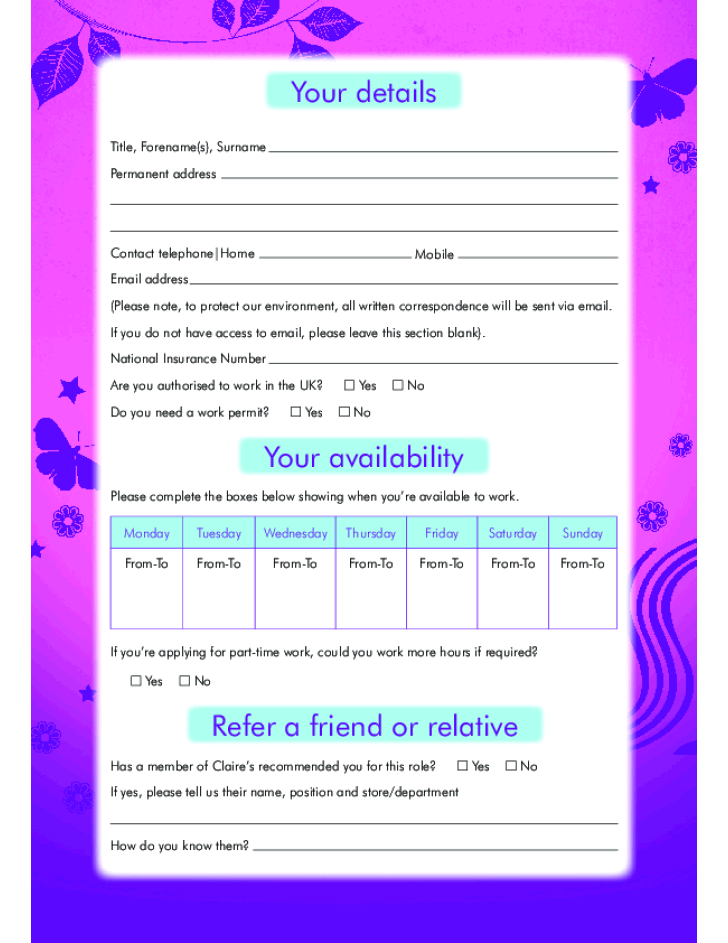 Free Printable Claire s Job Application Form Page 3