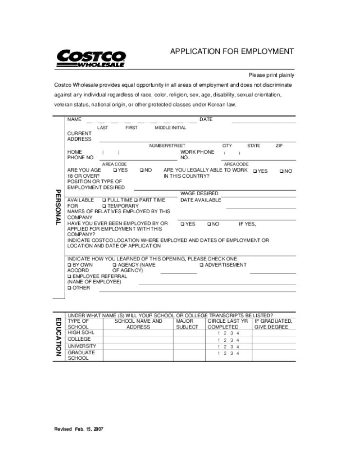 Free Printable Costco Job Application Form Page 3