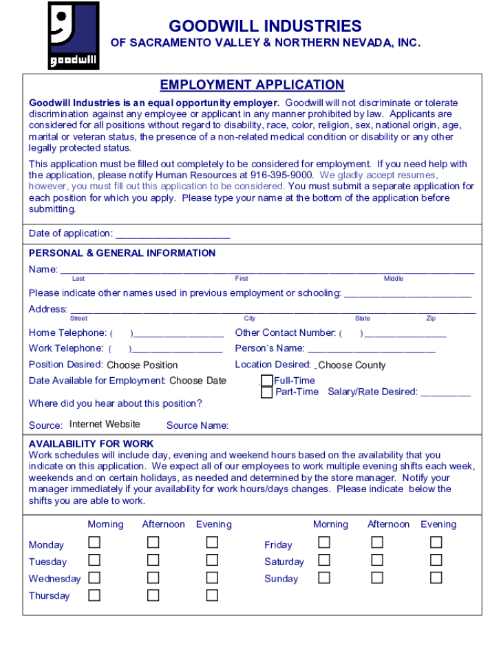 Free Printable Goodwill Job Application Form