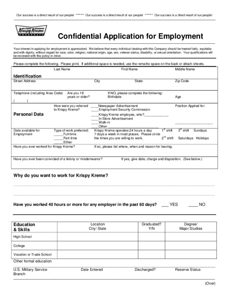 Free Printable Krispy Kreme Job Application Form