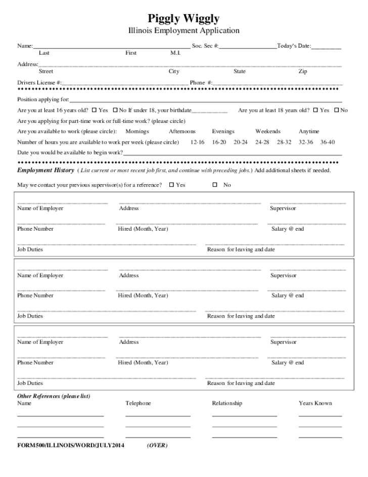 Free Printable Piggly Wiggly Job Application Form