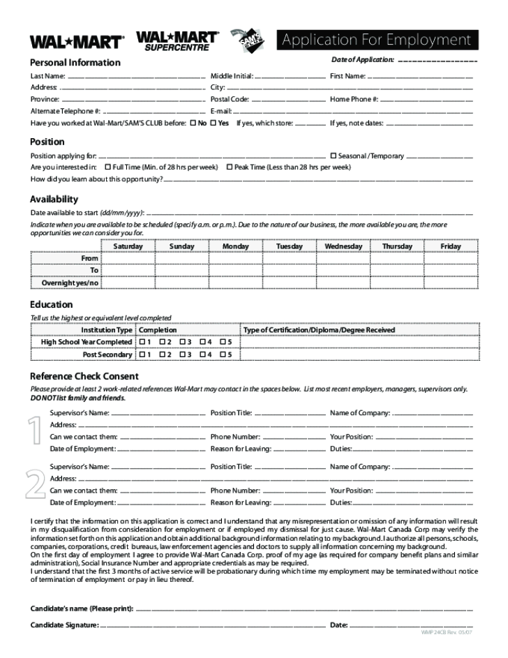 Free Printable Sam s Club Job Application Form
