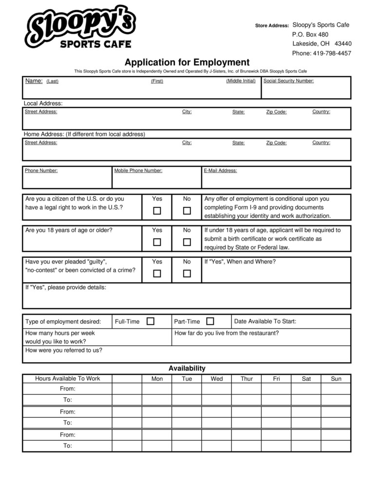 Sample Printable Job Application Forms 3777