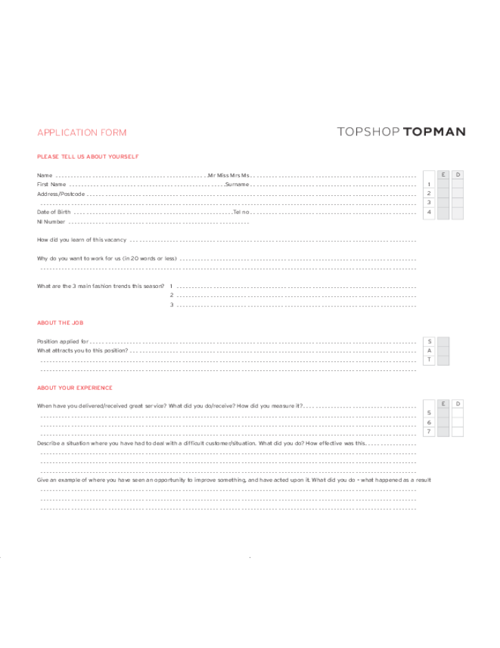 Free Printable Topshop Job Application Form Page 3