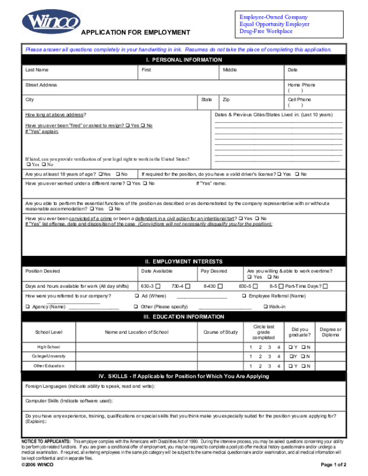 Free Printable WinCo Foods Job Application Form