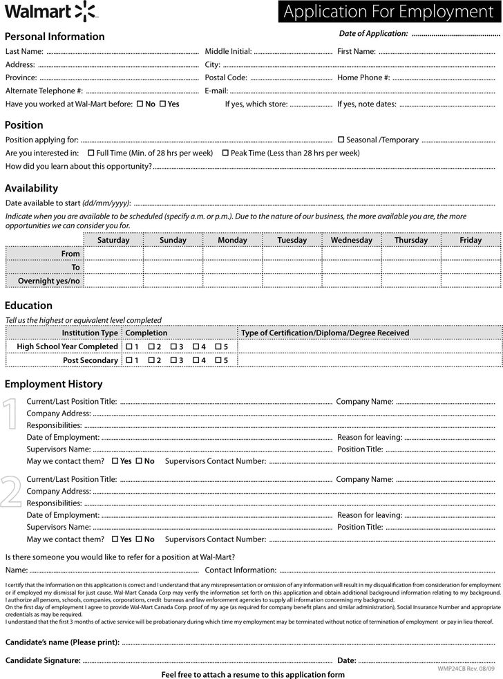 Free WalMart Application Form PDF 1 Page s Job Application Form 