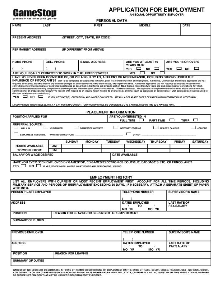 Gamestop Job Application Form Free Printable Gamestop Job Application 