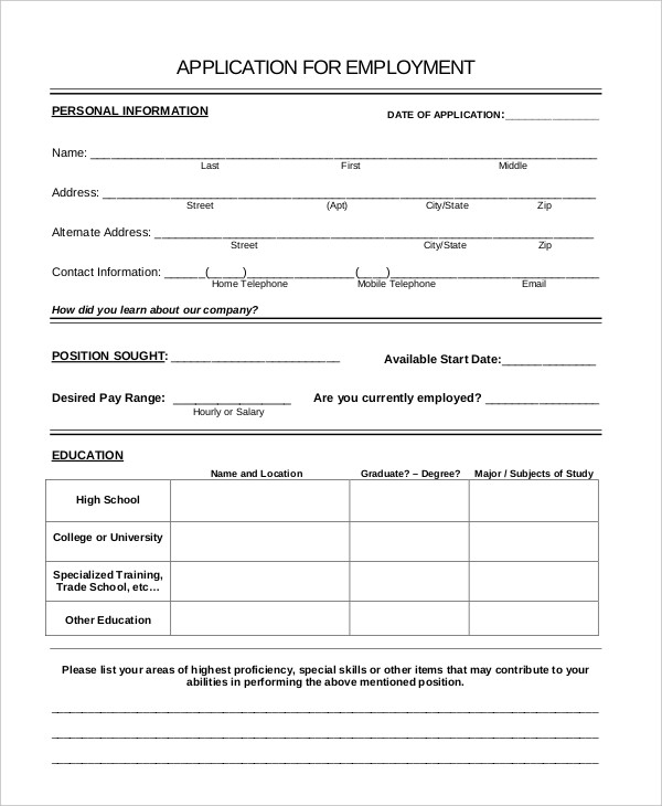 General Application For Employment Template Business